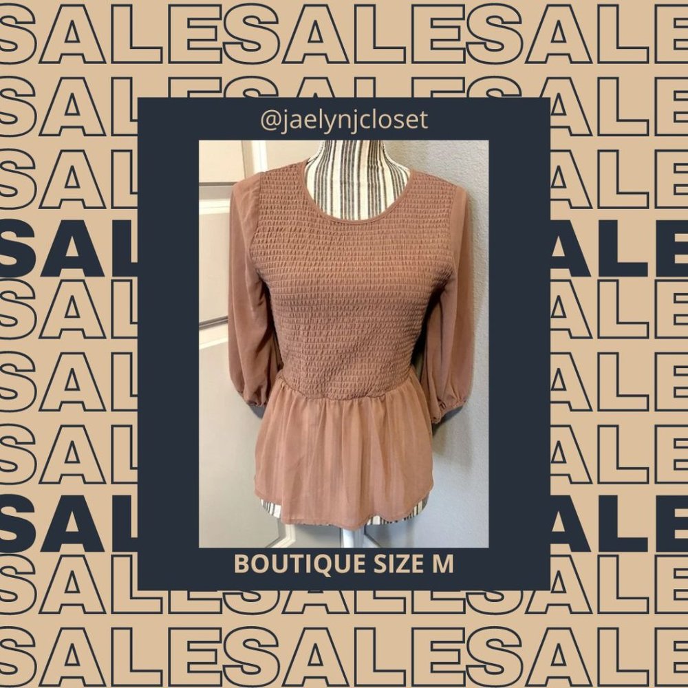Boutique Mocha Smocked Péplum Blouse -- FINAL SALE PRICE